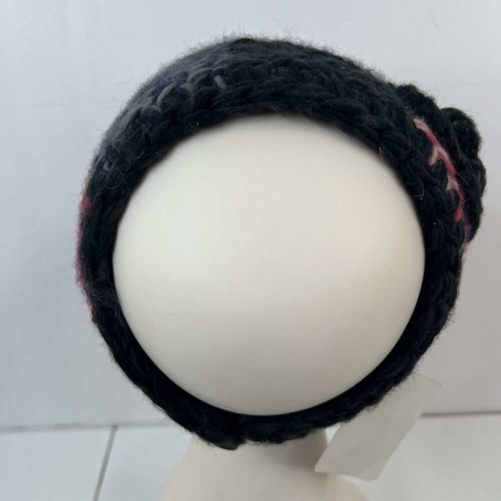 Crochet Hand Knit Headwrap Flower Accent Knit Black Pink Button Close Adjustable - Picture 4 of 9